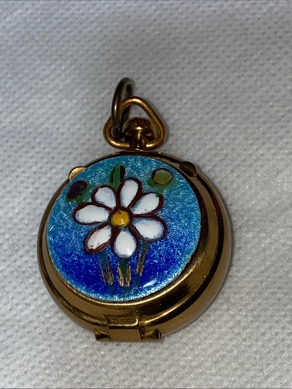Gold tone & blue enamel daisy pill box pendant necklace charm